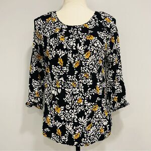 FRNCH S/M Black Gold Floral Crepe Blouse Back Zip Fairycore Cottagecore Peasant